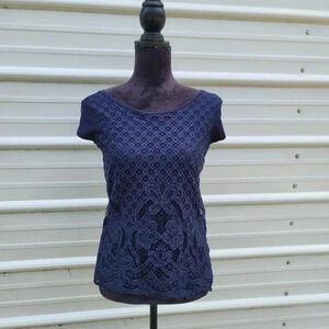 Soho Women's Navy Blue Short Sleeve Shirt Lace Front Stretch Crew Neck Sz XS